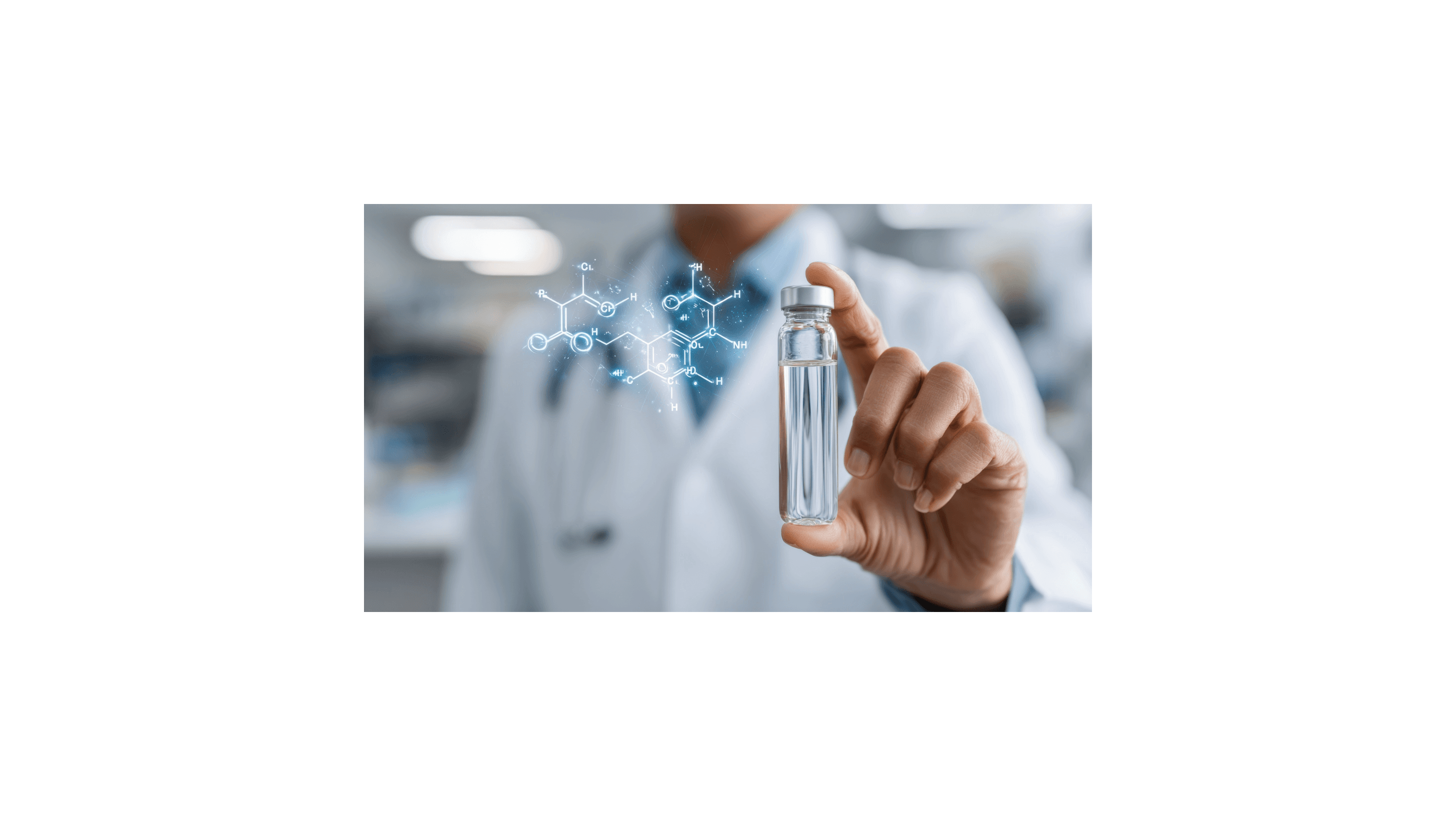 Peptide therapy vial with molecular structure visualization